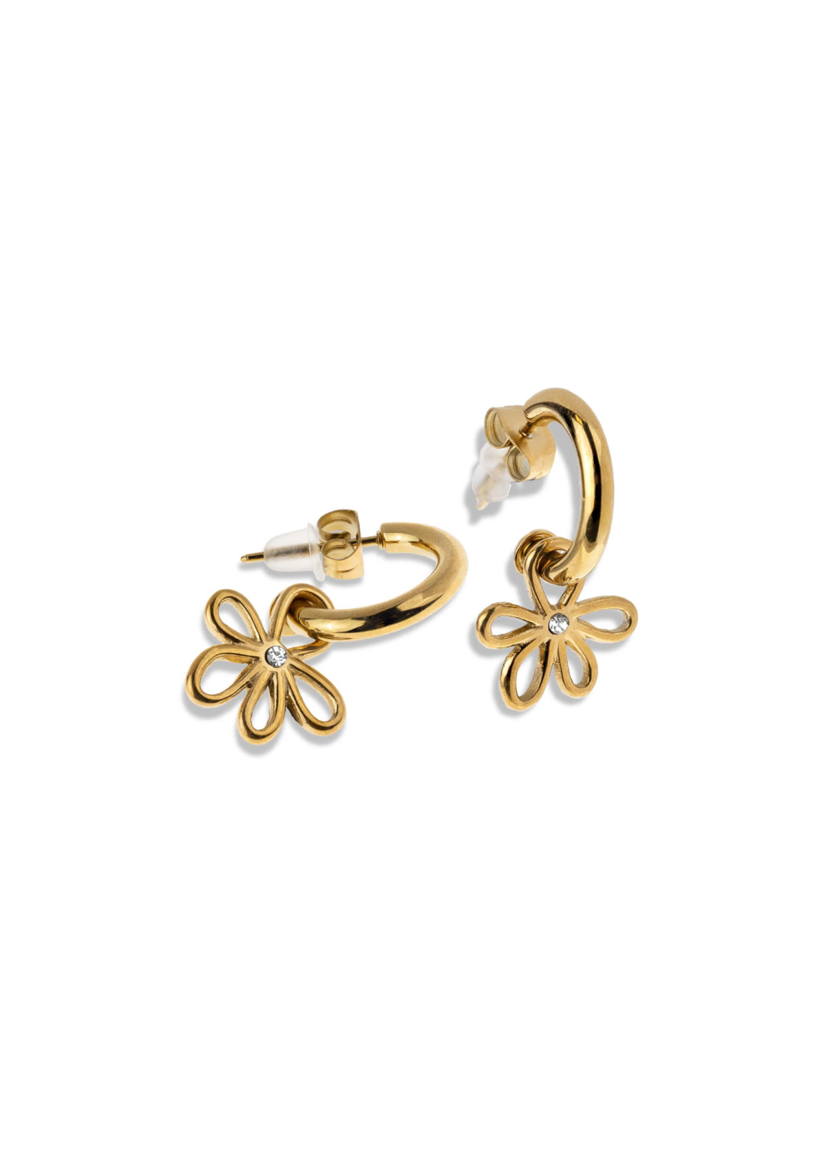 Media arracada colgante de flor y cristal